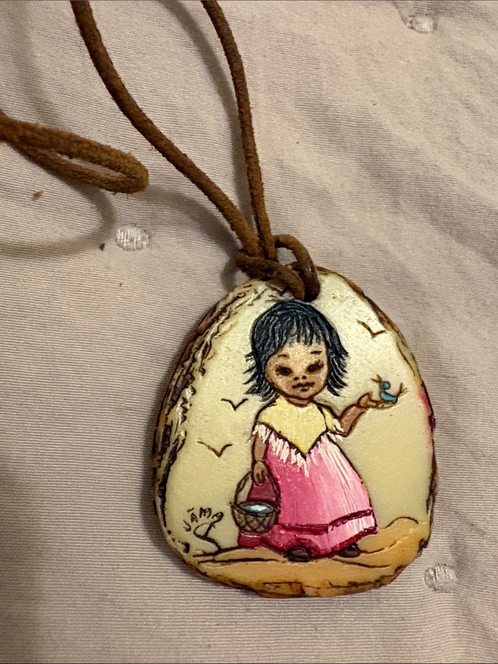 Source Unknown Pink Dress Girl Painted Pendant Necklace with Blue Bird